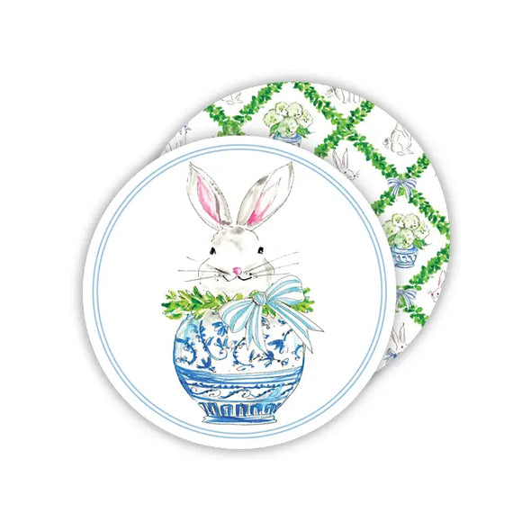 Round Coaster Set of 20 - Handpainted Bunny in Chinoiserie Pot