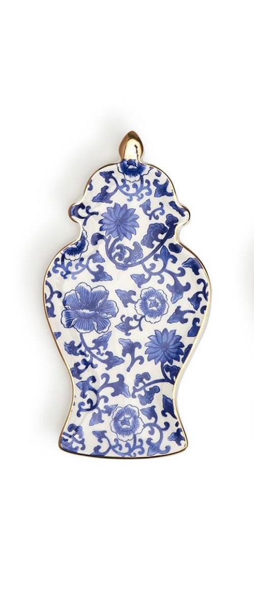 Blue And White Ginger Jar Trinket Tray With Gold Accent - 3 Patterns