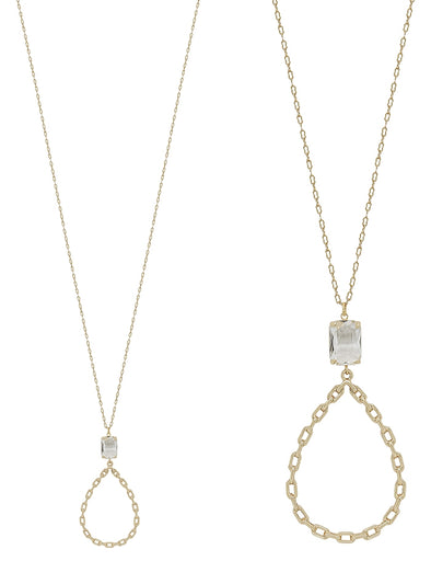 Clear Stone with Gold Open Chain Teardrop Necklace