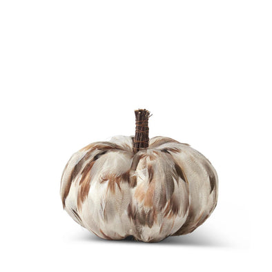 Gray & Brown Feather Pumpkin w/ Twig Stem 6.25 inch