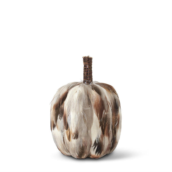 Gray & Brown Feather Pumpkin w/ Twig Stem 9 inch