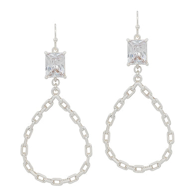 Clear Stone with Chain Teardrop Earring- Silver