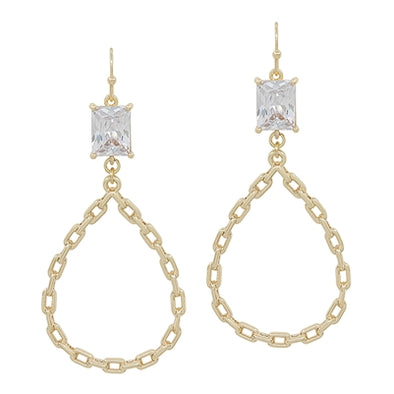 Clear Stone with Chain Teardrop Earring- Gold