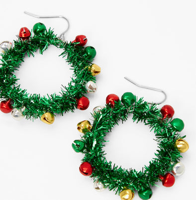 Christmas Wreath with Bells Earrings- Green