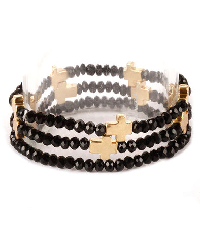 Black Beaded Cross Bracelet- Set of 3