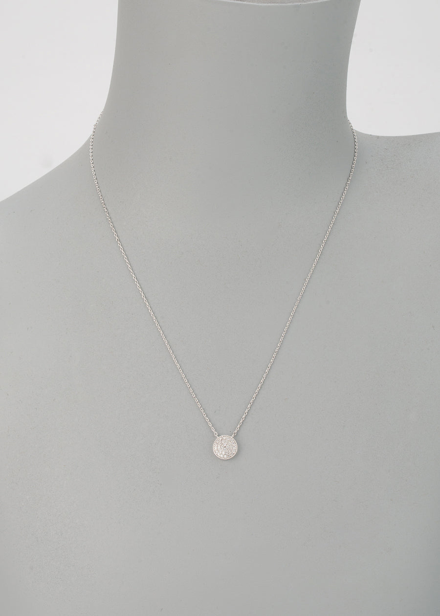 Flat Disc Necklace- White Gold CZ
