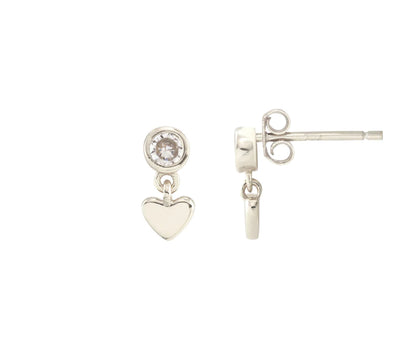 Heart and Crystal Swing Stud Earrings- Silver