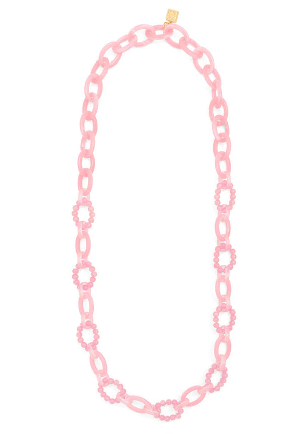 Glass Bead & Resin Link Necklace- Light Pink