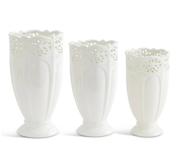 White Ceramic Vases w/ Ornate Trim- Assorted Sizes STORE PICKUP ONLY