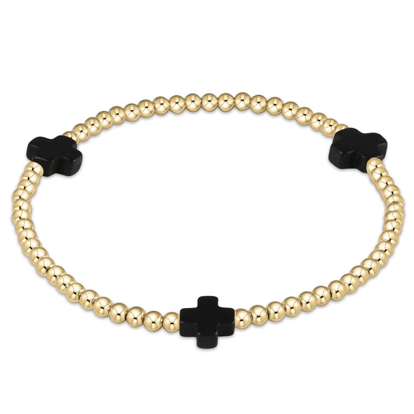 Signature Cross Gold Pattern 3mm Bead Bracelet- Onyx