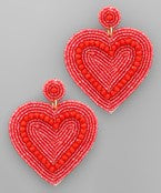 Beaded Heart Earrings- Red
