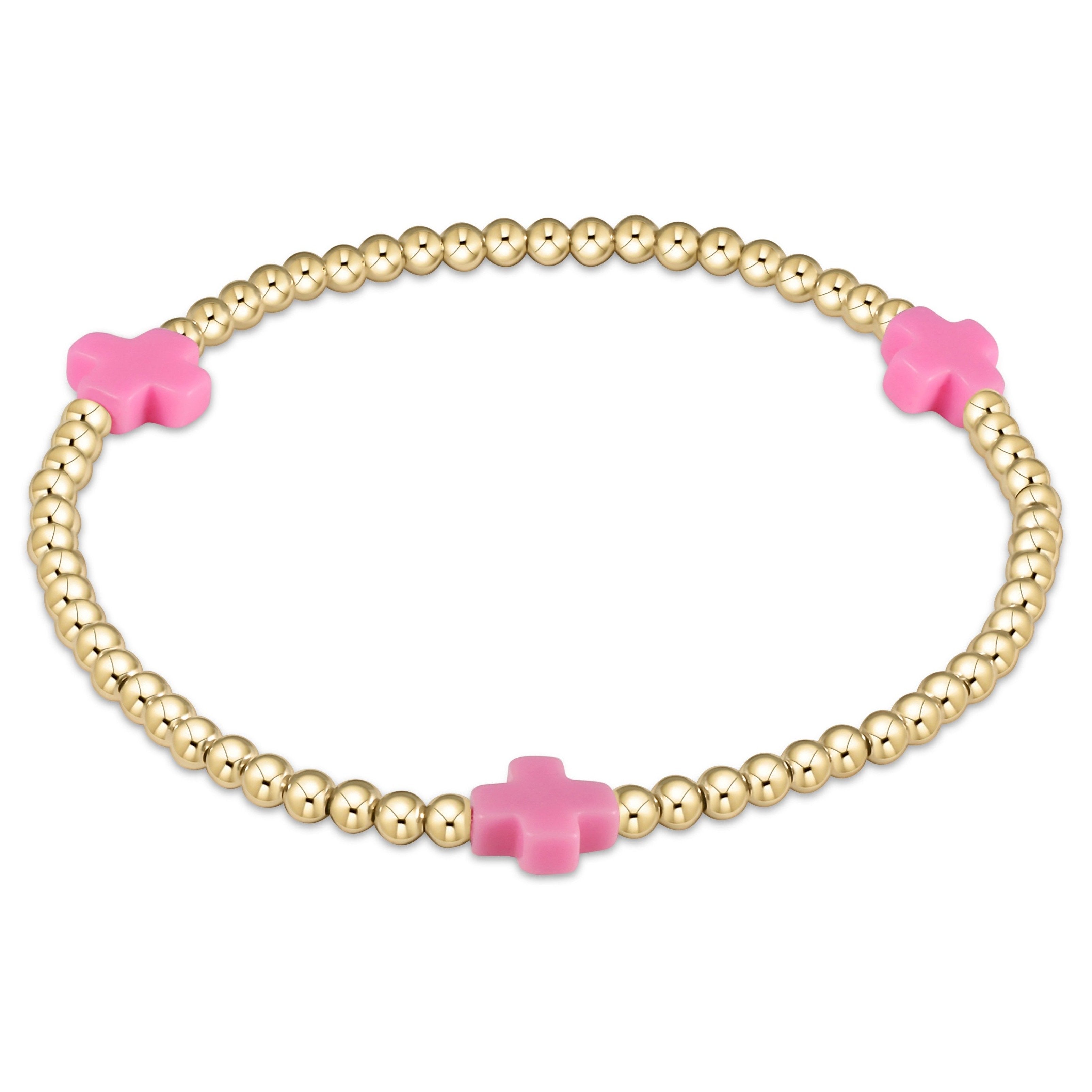 Signature Cross Pattern 3mm Bead Bracelet- Bright Pink