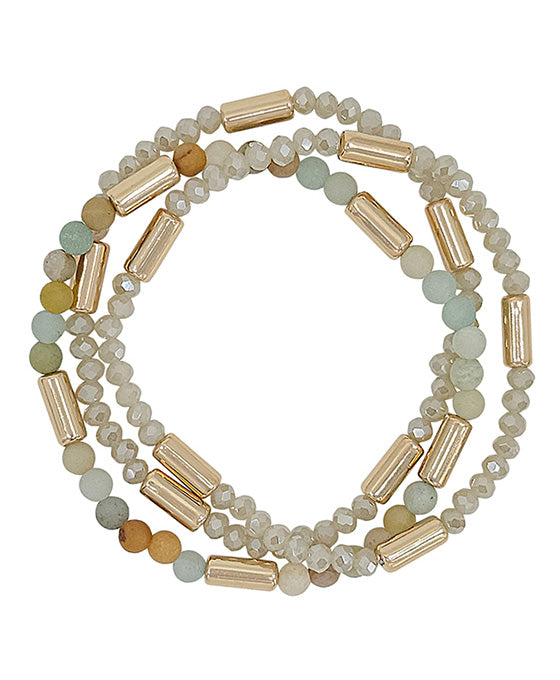 Mint Stone & Glass Beads Bracelet- Set of 3