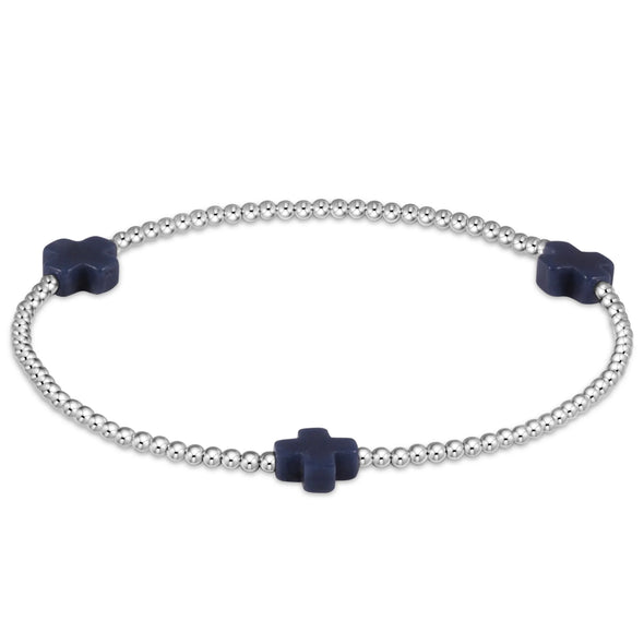 Sterling Silver Signature Cross 3mm Bead Bracelet- Navy
